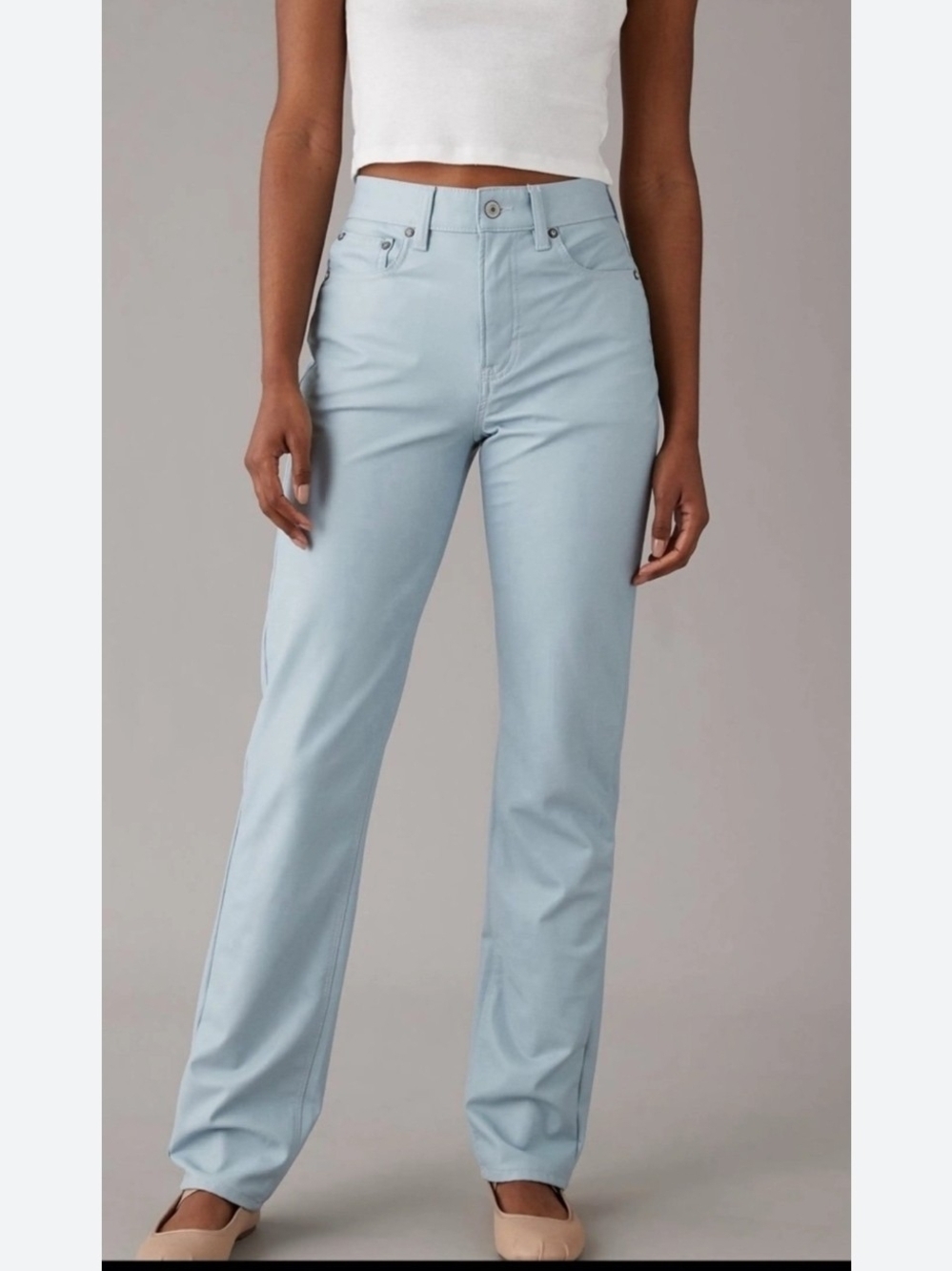 American Eagle Outfitters Pale Blue Straight-Leg Jeans Faux Lether Size 8 Long